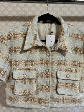AKIRA Blue and Gold Tweed Cropped Blazer Jacket